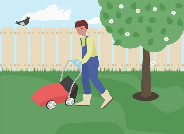 Bahçesinde çim biçme makinesiyle çim biçen genç adam.