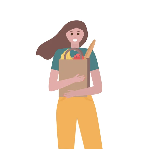 Genç, gülümseyen bir kadın beyaz arka planda market paketini tutuyor. Düz vektör insanlar çizimi. Sağlıklı yemek..