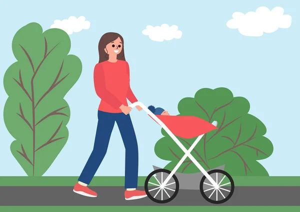 幸せな若い母親が公園で彼女の赤ん坊と一緒に歩いている。ベクトル平図. — ストックベクタ
