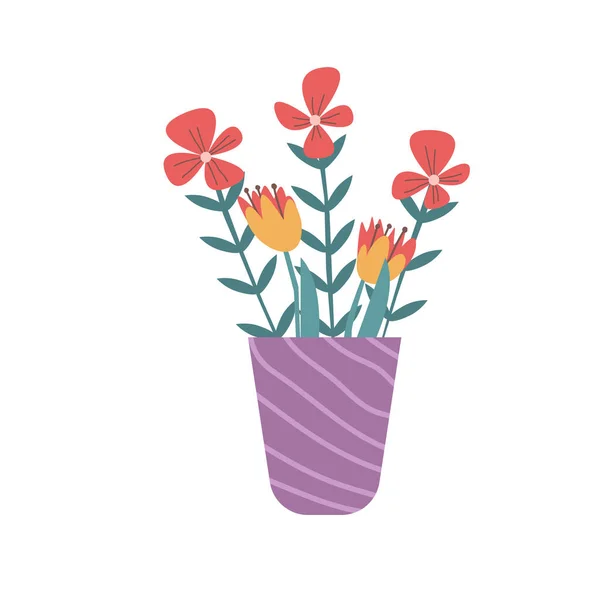 Buquê de flores bonito em vaso violeta no fundo branco ilustração vetor. — Vetor de Stock