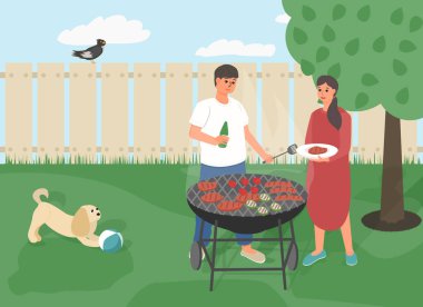 Erkek ve kadın açık hava barbekü partisi vektör illüstrasyonu. Adam mangal, domates, kabak, sosis pişiriyor.