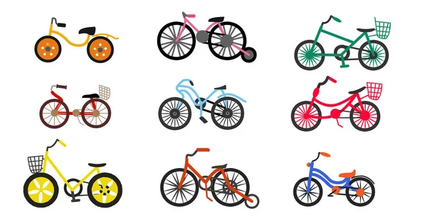 Kleurrijke Kinderfietsen Set Voor Lifestyle Design Geïsoleerd Vlakke Vector Illustratie — Stockvector