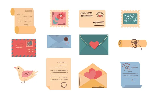 Colorful envelopes with letters, postmarks and mails isolated vector flat illustration. — Stock Vector