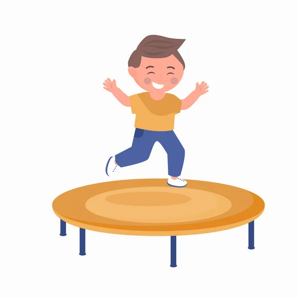 Happy boy jumping on trampoline isolated vector illustration. — Stock Vector