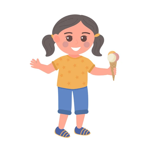 Little girl with cone and three balls of ice cream vector illustration. — Stock Vector