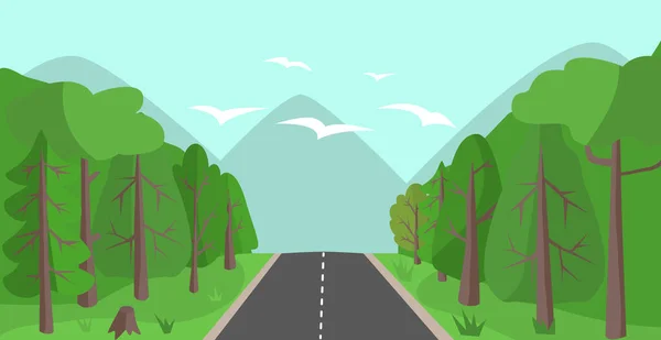 Ormandaki yol. Dağlar manzara vektör illüstrasyonu.