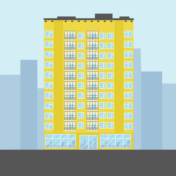 Multi-etage geel gebouw in vlakke cartoon stijl vector illustratie. Ontwerp voor onroerend goed makelaar en zakelijke websites. — Stockvector