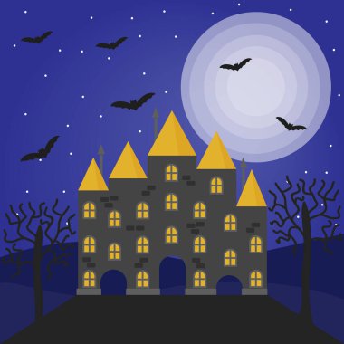 Perili ev, dolunay, ağaçlar ve yarasalarla Cadılar Bayramı vektör çizimi