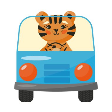 Arabadaki sevimli kaplan karakteri izole edilmiş vektör çizimi. Hayvan etiketi.