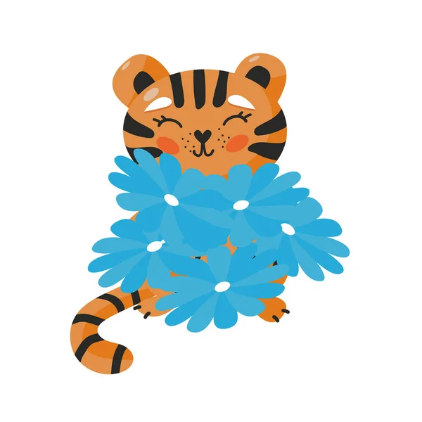 Симпатичний персонаж тигра з квітами ізольовані Векторні ілюстрації. Наклейка для тварин . — стоковий вектор