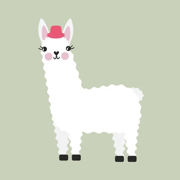 Cute llama character with hat isolated vector illustration. Funny animal. — Stockový vektor