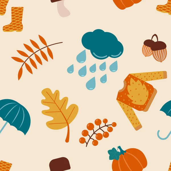 秋のアイテムシームレスパターン:セーター、傘、キノコ、葉、雨滴やブーツ。平面ベクトル図. — ストックベクタ