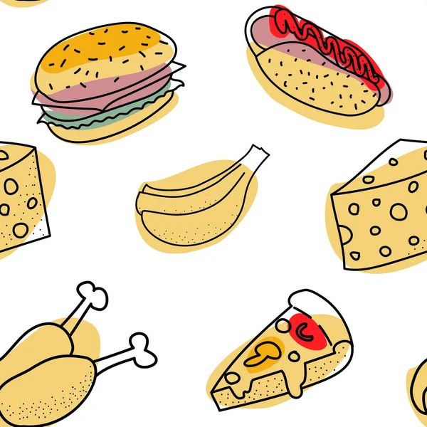 フードシームレスパターン:ホットドッグ、バーガー、チキン、ピザ、バナナ。分離ベクトル図. — ストックベクタ