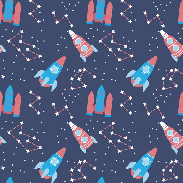 Funny cohetes sin costura patrón vector ilustración. Fondo del universo. — Vector de stock