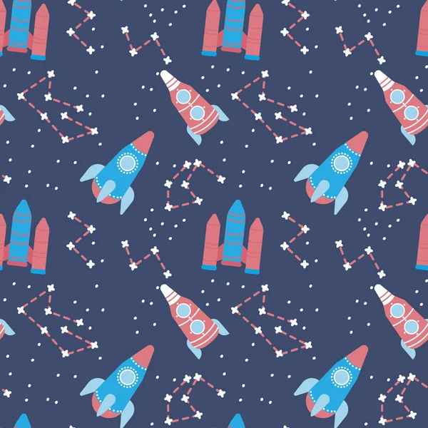 Funny rockets seamless pattern vector illustration. Universe background.