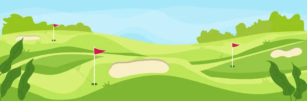 Golf course vector illustration. Popular sport activity field: green grass, sand bunker, flags, lawns. Summer landscape.