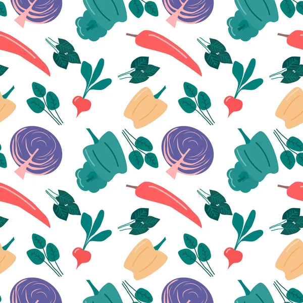 赤キャベツ コショウ 大根とシームレスな野菜パターン 分離ベクトル背景 — ストックベクタ