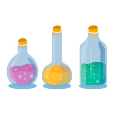 Sihirli iksir ikonları beyaz arkaplan vektör illüstrasyonunda izole edildi. Sıvı ile kaplanmış cam şişeler. Cadı iksiri ve kimyasal zehirler