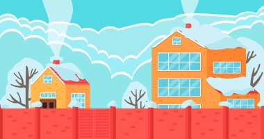 Yüksek çit vektör çiziminin arkasında bacası tütsülenmiş parlak evler. Kış köyü manzarası. Mevsimlik kırsal kavram.