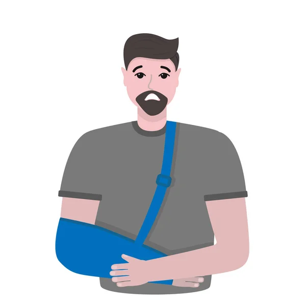 Sakatlanmış yakışıklı bir adam. Kırık kollu ve boynunda tasma olan bir erkek karakter. Beyaz arkaplan vektör karikatür çiziminde izole