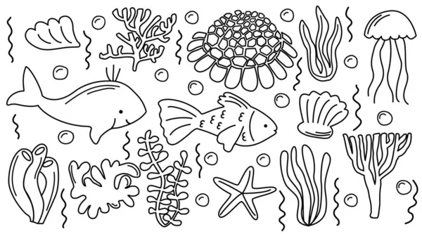 Set Gribouillis Vie Marine Collection Illustration Dessinée Main Poissons Coquillages — Image vectorielle