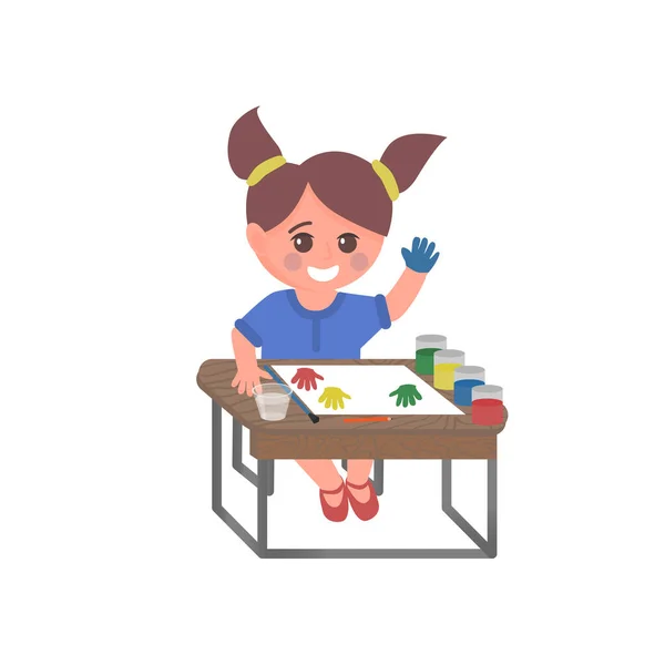 Karakter Gadis Sekolahan Yang Lucu Duduk Meja Dan Melukis Ilustrasi - Stok Vektor