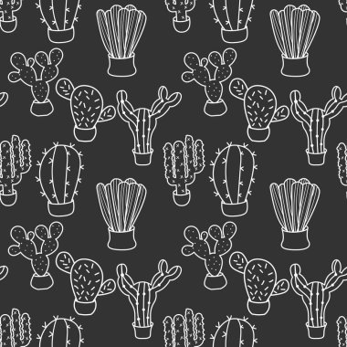 Kaktüs, siyah vektör çizimine izole edilmiş kusursuz desen çiziyor. Egzotik plantensiz arkaplan
