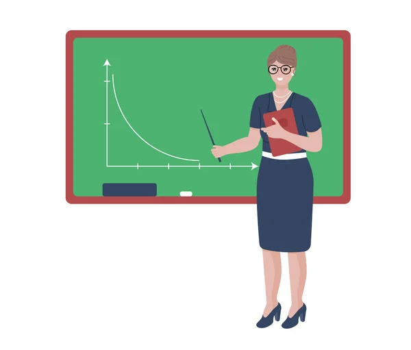 Yanında işaretçi olan kadın. Öğretmen karakteri. Beyaz arkaplan vektör çiziminde izole