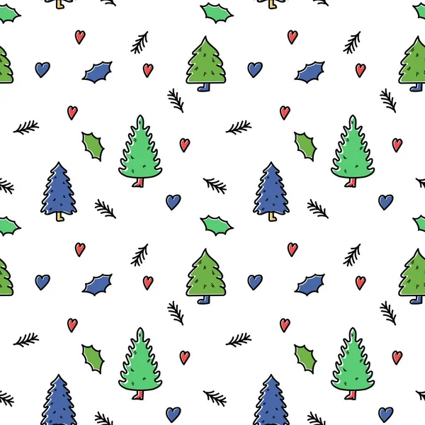 クリスマスとハッピー新年の木や心でシームレスなパターン 白いベクトル図に分離 無限の休日の背景 — ストックベクタ