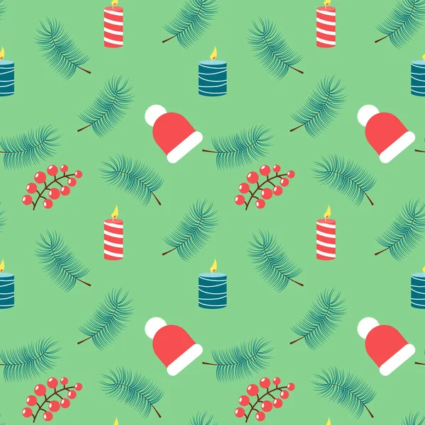 Modello Natale senza cuciture con cappello, candele, bacche e ramo di pino. Sfondo festivo per il design delle vacanze invernali. — Vettoriale Stock