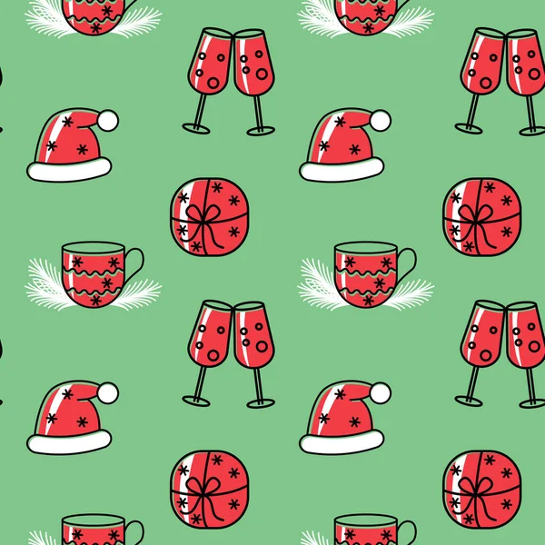 Noel Baba şapkası, şampanyalar ve hediyeli kusursuz desenler. Tatil tasarımı için sonsuz bir geçmiş. Yeni yıl tekrarlanabilir yazdırma.
