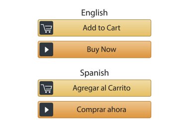 ecommerce düğmeleri İngilizce ve İspanyolca, şimdi satın alın ve ecommerce web sayfaları için el arabası düğmeleri ekleyin