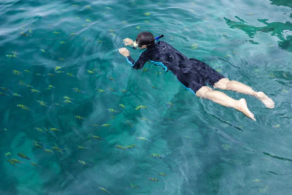 Jonge dame snorkelen in een turquoise tropische zee — Stockfoto