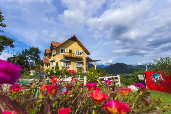 Keltainen klassinen talo kukkulalla, pai, maehongson, Thaimaa — kuvapankkivalokuva