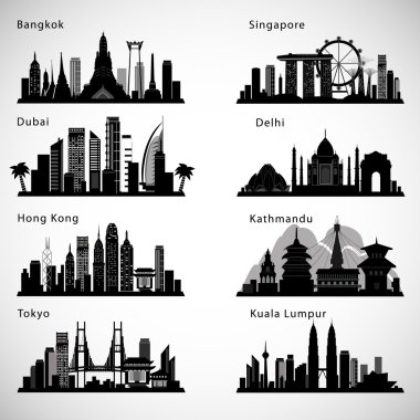 Asya şehirler manzarası küme. Vector silhouettes