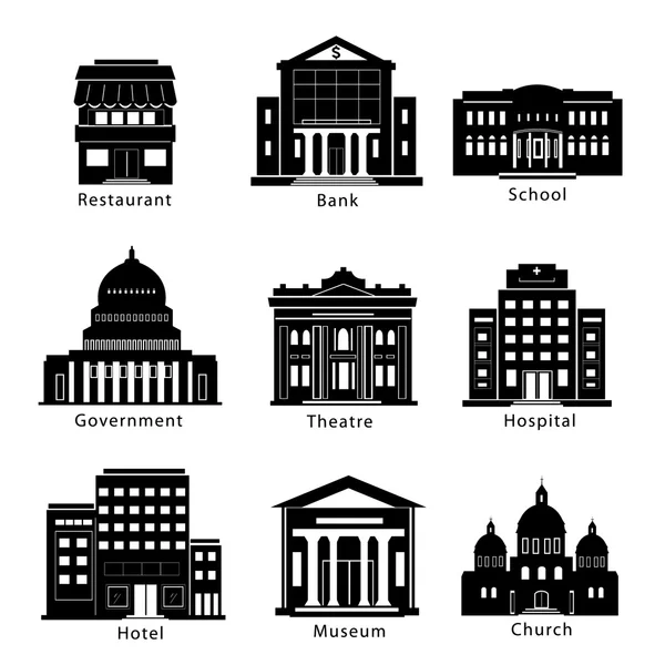 Ensemble d'icônes du bâtiment : gouvernement, musée, théâtre, hôpital, restaurant, hôtel, église, école, banque isolé . — Image vectorielle