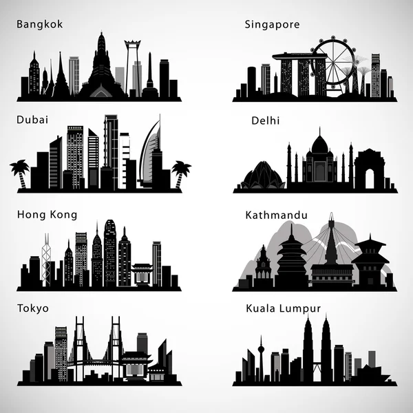 Asian Cities skyline set. Silhouette vettoriali — Vettoriale Stock