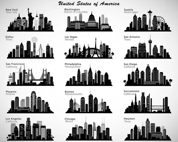 Die Skylines der US-Städte sind gesetzt. Vektorsilhouetten — Stockvektor