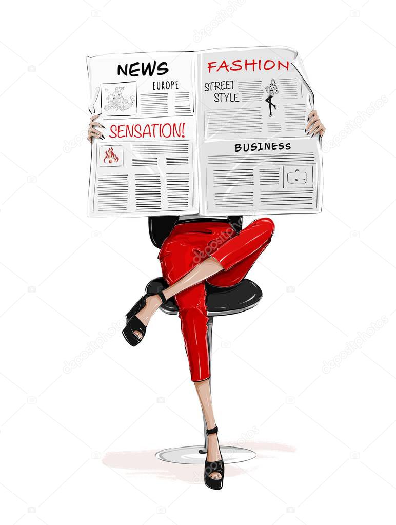 Woman sitting on chair and reading newspaper. Woman wearing red trousers. Female legs in shoes.