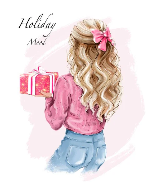 クリスマスプレゼントを持った手描きの女性 ブロンドの長髪の女性の背中 弓付きの女性の髪型 — ストック写真