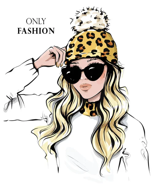 Güneş Gözlüklü Moda Kadını Örgü Şapkalı Leopar Desenli Güzel Bir — Stok Vektör