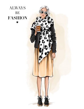Leopar desenli eşarplı moda kadın. Elinde kağıt kahve fincanı tutan kız. Güneş gözlüklü güzel bir kadın. Şık kadın bakışı. Moda çizimi.