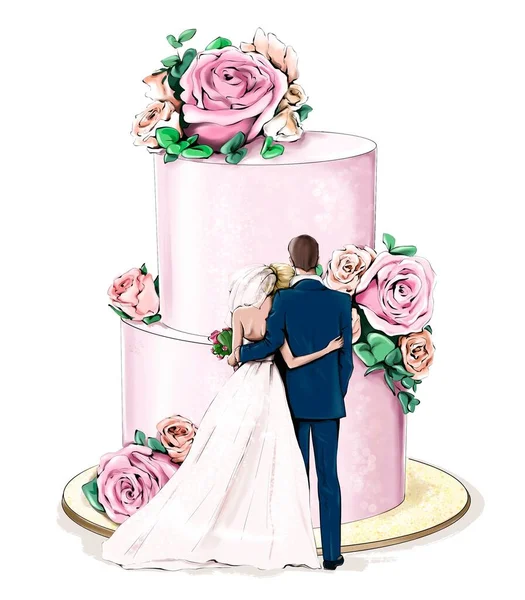 新婚夫妇站在结婚蛋糕旁边 鲜花盛开 时尚的婚礼概念 — 图库照片