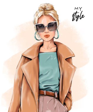 Moda sarısı saçlı kadın. Güneş gözlüklü güzel kız. Paltolu şık bir kız. Moda çizimi.