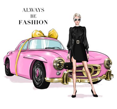 Pembe retro arabanın yanında duran şık sarı saçlı kız. Klasik el çantalı güzel bir genç kadın. Etekli güzel kız. Moda çizimi.