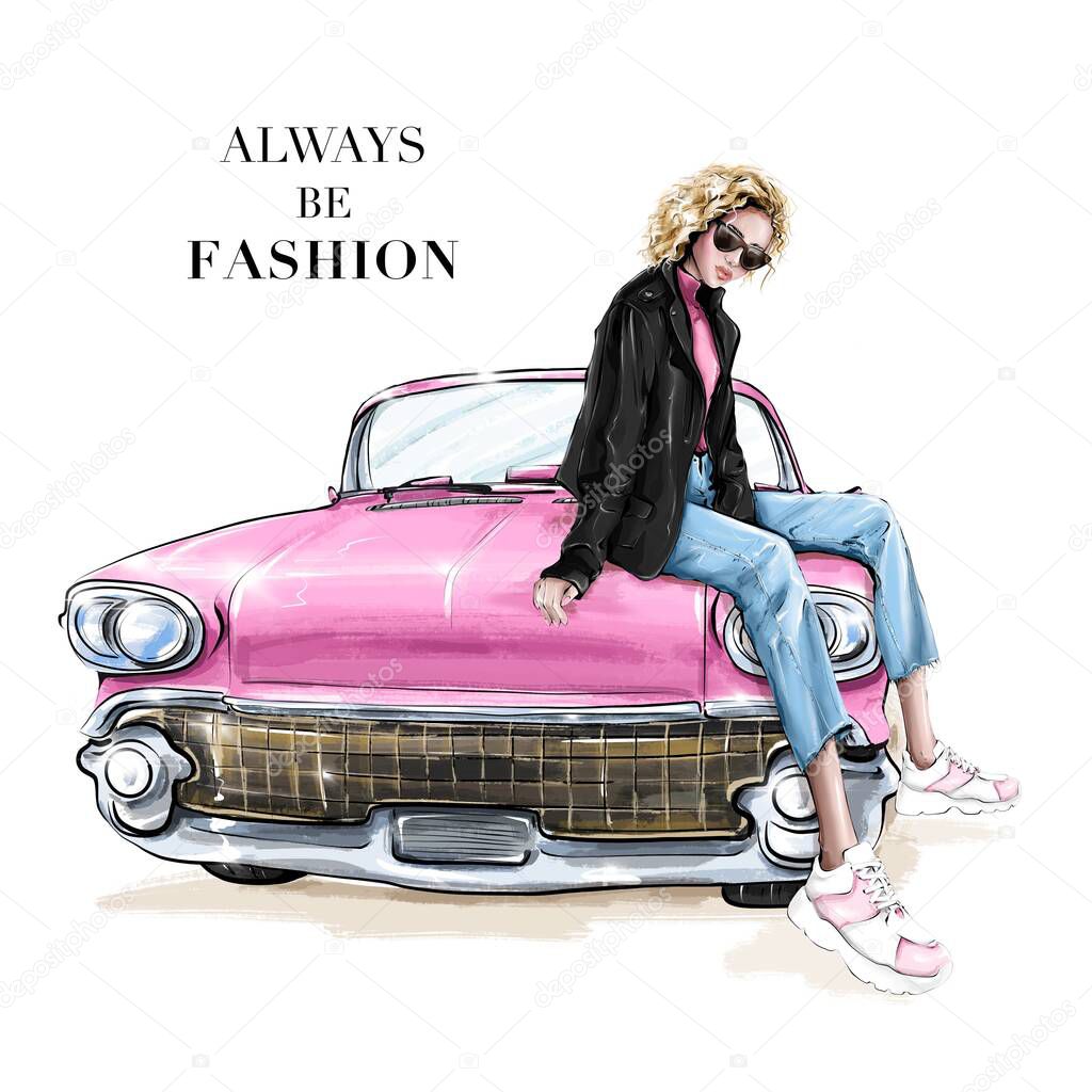 Fashion girl sitting on retro car. Beautiful blond hair girl in sunglasses. Fashion illustration.