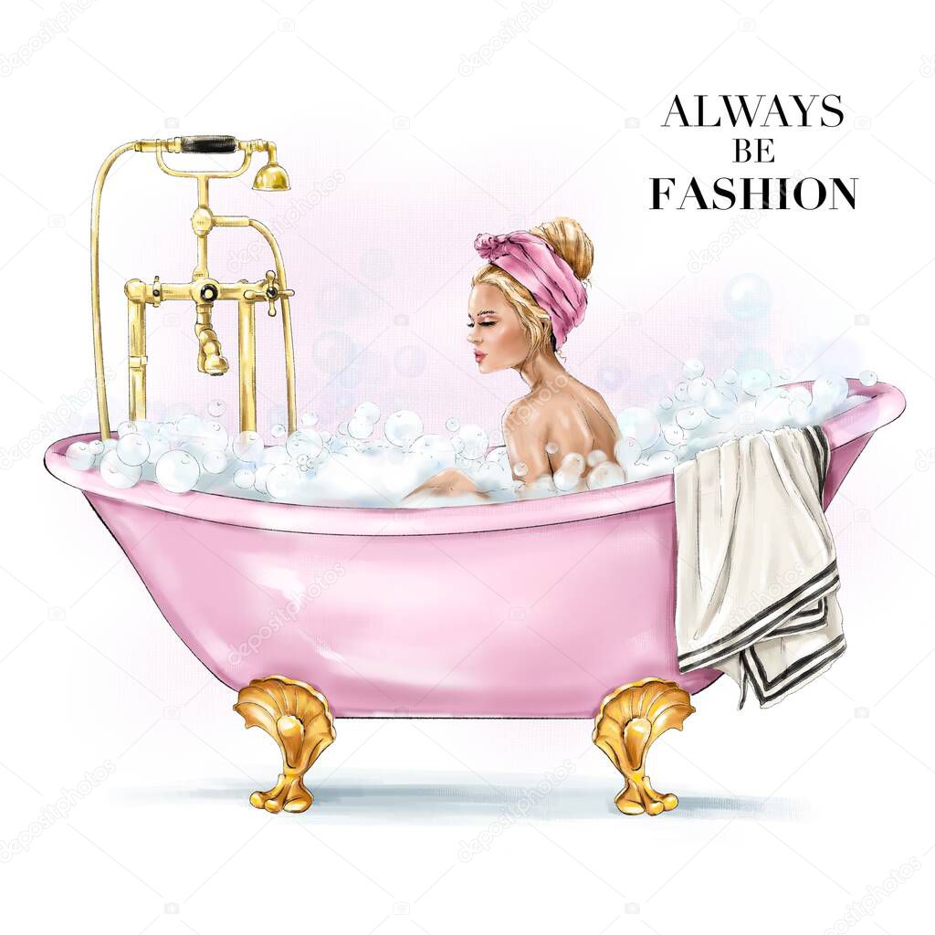Fashion blonde in bath with bubbles. Beautiful blond hair girl with headband. Pretty woman in bathroom. Fashion illustration.