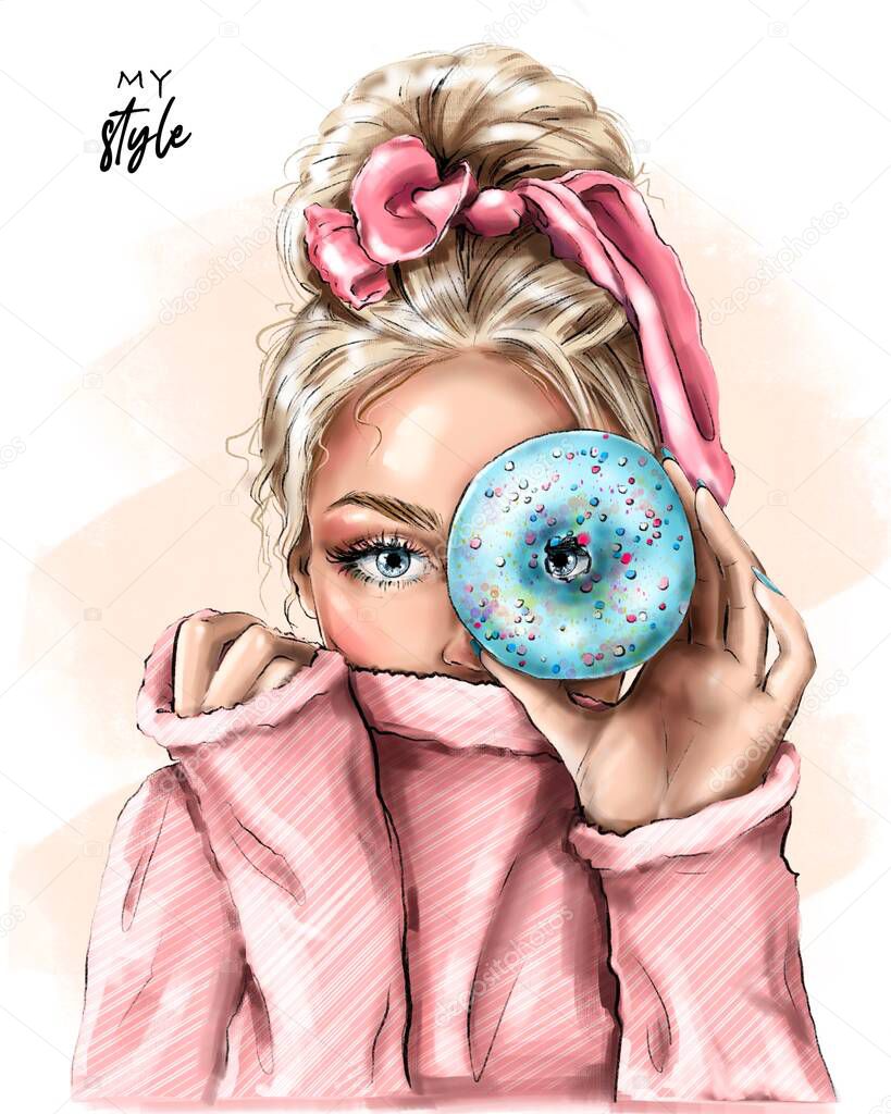 Blond hair girl holding doughnut near her eye. Fashion girl with beautiful hairstyle. Pretty young woman. Fashion illustration.
