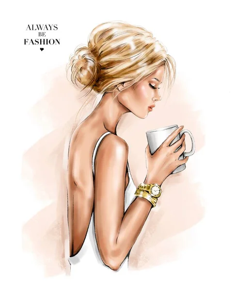 Beautiful Blond Hair Girl Profile Fashion Girl Holding Coffee Cup — Stock Photo, Image