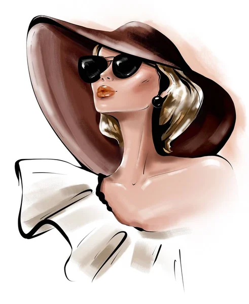 Mode Mädchen Mit Hut Stilvolle Junge Frau Mit Sonnenbrille Schöne — Stockfoto